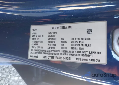 2023 Tesla Model 3 Rear-Wheel Drive z USA, uszkodzony, nr VIN 5YJ3E1EA5PF447201